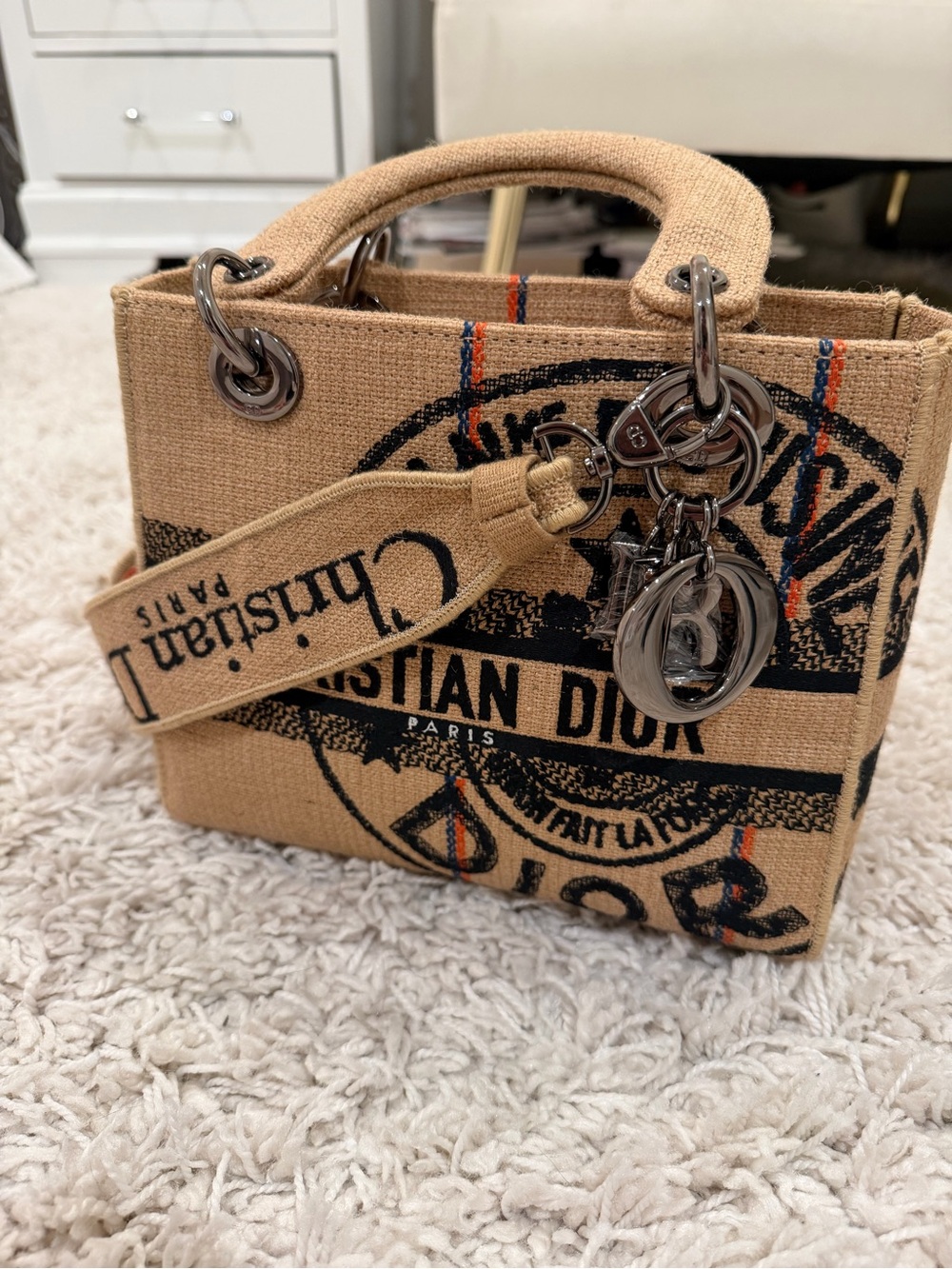Dior Beige Canvas Lady D-Lite Tote with Black and Orange Accents